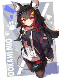  1girl :3 animal_ear_fluff animal_ears black_hair black_hoodie black_pantyhose black_shorts blush border closed_mouth commentary_request cropped_legs crossed_bangs double-parted_bangs drawstring grey_background hair_between_eyes highres hololive hood hood_down hoodie long_hair long_sleeves looking_at_viewer multicolored_hair ookami_mio orange_eyes outside_border pantyhose pantyhose_under_shorts red_streaks shorts sleeves_past_wrists solo streaked_hair tail tetenka virtual_youtuber weapon white_border wolf_ears wolf_girl wolf_tail 