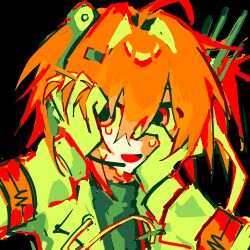  1girl :d a.i._voice adachi_rei android armband black_background black_shirt crying gloves grabbing_own_hair headset highres holding_own_hair jacket k4nadei looking_at_viewer open_clothes open_jacket orange_armband orange_eyes orange_hair shirt smile solo white_gloves white_jacket 