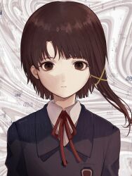  1girl abstract_background asymmetrical_hair black_jacket brown_eyes brown_hair closed_mouth collared_shirt commentary hair_ornament highres iwakura_lain jacket looking_at_viewer neck_ribbon nilonoise number_background portrait red_ribbon ribbon school_uniform serial_experiments_lain shirt short_hair single_sidelock solo straight-on white_shirt x_hair_ornament 