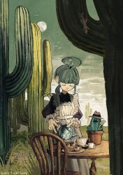  1girl 2024 ahoge ahoge_girl_(jimini_shijimi) apron artist_name black_dress blunt_bangs cactus chair closed_eyes coffee_mug commentary_request cup dated dot_nose dress food frilled_sleeves frills full_moon highres jimini_shijimi lizard long_sleeves low_twintails maid_apron moon mug open_mouth original outdoors pastry plant potted_plant pouring short_eyebrows short_twintails sidelocks sky smile solo table teapot twintails 