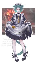  1girl animal_ears apron aqua_hair aqua_nails bad_source black_choker black_dress black_socks blood blood_on_leg choker collarbone dress fang gender_request gloves highres leaf lifting_own_dress looking_at_viewer maid maid_headdress maple_leaf mary_janes necktie nervous open_mouth original red_eyes russian_text shoes signature skin_fang socks translation_request white_apron white_gloves yellow_necktie zap-nik 