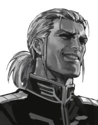  1boy anavel_gato commentary_request fuyuanning gigachad_(meme) gundam gundam_0083 high_collar male_focus meme military_uniform monochrome portrait solo white_background zeon 
