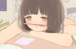  1girl arm_rest bad_drawr_id bad_id bed bedroom blush bob_cut bookshelf bored brown_hair clock closed_mouth desk grey_eyes hapisony indoors mole mole_under_eye note oekaki original pen pencil_as_mustache short_hair solo stuffed_animal stuffed_toy teddy_bear wall_clock 