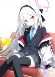  1girl arm_support arms_at_sides aruka_(alka_p1) black_bow black_hairband black_skirt black_thighhighs blazer blue_archive blue_necktie blush bow closed_mouth collared_shirt commentary couch cushion dot_mouth double-parted_bangs feet_out_of_frame hair_between_eyes hair_bow hairband half_updo halo head_tilt highres jacket jacket_partially_removed kei_(blue_archive) kei_(student)_(blue_archive) long_hair long_hair_between_eyes long_sleeves looking_at_viewer loosely_tucked_bangs miniskirt necktie off_shoulder on_couch pink_eyes pink_halo pink_pupils pleated_skirt rectangular_halo red_jacket shirt simple_background sitting skirt solo thigh-highs two-sided_fabric two-sided_jacket very_long_hair white_background white_hair white_jacket white_shirt zettai_ryouiki 
