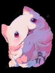  absurdres black_background claws commentary_request creature creature_focus full_body highres looking_at_viewer made_in_abyss mitty_(made_in_abyss) no_humans open_mouth pink_fur red_eyes sekaineko_001 simple_background solo teeth tongue two-tone_fur white_fur 