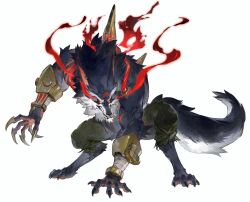  1boy armor claws energy feral_instincts full_body furry glowing grey_fur highres league_of_legends noway_jin pants red_eyes scar scar_on_face warwick_(league) white_background white_fur wolf_boy 