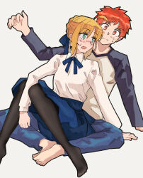  1boy 1girl absurdres ahoge artoria_pendragon_(fate) blonde_hair blue_skirt braid braided_base braided_bun brown_eyes couple dress emiya_shirou fate/stay_night fate_(series) green_eyes hair_bun highres looking_at_another nakamoto_onsen orange_hair pleated_skirt saber_(fate) sitting sitting_on_person skirt white_dress 