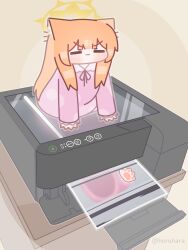  1girl :3 absurdres animal_ear_fluff animal_ears blue_archive blunt_bangs blush brown_background chibi closed_eyes closed_mouth commentary english_commentary halo highres horuhara long_hair long_sleeves mari_(blue_archive) neck_ribbon no_nose orange_hair pajamas photocopier pink_pajamas polka_dot polka_dot_pajamas ribbon simple_background smile v-shaped_eyebrows very_long_hair yellow_halo 