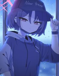  1girl absurdres baseball_cap black_hair black_hat black_hoodie black_mask blue_archive closed_mouth commentary ear_ornament halo hat highres hood hoodie indoors looking_at_viewer mask misaki_(blue_archive) night rain red_eyes red_halo short_hair solo susi_tabit upper_body watch watch 