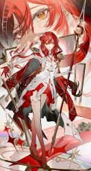  1girl absurdres brown_eyes cape dress dual_persona epaulettes flower gloves high_heels highres himeko_(honkai:_star_rail) himeko_(nova)_(honkai:_star_rail) holding holding_staff honkai:_star_rail honkai_(series) long_hair orange_eyes ouge_dz red_cape red_gloves red_hair red_nails rose single_glove solo staff white_dress white_flower white_rose 