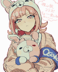  1girl :< absurdres animal_hood blush bow brown_hair brown_jacket commentary_request danganronpa_(series) danganronpa_2:_goodbye_despair ear_bow hair_ornament highres hood jacket long_sleeves medium_hair monomi_(danganronpa) nanami_chiaki oteage pink_eyes rabbit_hood shirt speech_bubble translation_request upper_body 