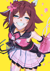  1girl absurdres animal_ears blue_eyes blush breasts brown_hair commentary detached_sleeves ear_covers english_commentary fingerless_gloves flower gloves grin hair_between_eyes hair_flaps hair_flower hair_ornament highres horse_ears horse_girl japanese_clothes kimono looking_at_viewer medium_breasts medium_hair open_mouth pet pink_hair pink_kimono pink_sleeves sakura_chiyono_o_(strength_in_full_bloom)_(umamusume) sakura_chiyono_o_(umamusume) skirt sleeveless sleeveless_kimono smile solo spindrift tail teeth thigh-highs umamusume white_skirt white_thighhighs 