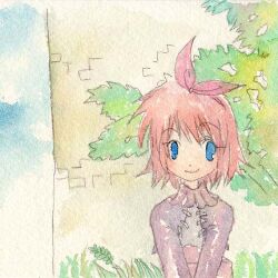  1girl 2000s_(style) blue_eyes blue_sky bow building closed_mouth commentary_request dated_commentary hair_bow jacket looking_at_viewer lowres merchant_(ragnarok_online) mikoru outdoors painting_(medium) pink_hair purple_jacket ragnarok_online red_bow short_hair sky smile solo traditional_media tree upper_body watercolor_(medium) 