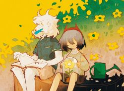  1boy 1other adoptive_siblings aislan androgynous animal_ears asriel_dreemurr book book_on_lap brown_hair brown_shorts child deltarune demon_horns fake_horns flower flower_pot flowery_(deltarune) food food_in_mouth furry furry_male glass glasses goat_boy goat_ears grass holding holding_book horns ice_cream kris_(deltarune) leaf long_sleeves open_mouth popsicle popsicle_in_mouth popsicle_stick red_horns rimless_eyewear semi-rimless_eyewear shaded_face shirt short_hair shorts siblings sitting smile striped_clothes sweater utdr_(toby_fox) watering_can white_fur wind yellow_flower 