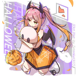  1girl bandaged_leg bandages blush border bow bright_pupils closed_mouth commentary_request cropped_legs demon_girl demon_horns demon_tail demon_wings double-parted_bangs ghost green_eyes hair_bow halloween heart highres horns jack-o'-lantern long_hair orange_skirt original outside_border pink_bow pink_hair purple_background skirt solo tail tetenka twintails white_border white_pupils wings 