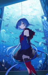  1girl absurdres aquarium black_bridal_gauntlets black_choker black_dress blue_eyes blue_hair breasts bridal_gauntlets choker commentary_request diamond_(shape) diamond_earrings drawstring dress earrings elbow_gloves expressionless fangs gloves highres hood hood_down hooded_jacket jacket jellyfish jewelry kamitsubaki_studio long_hair looking_at_viewer multicolored_eyes multicolored_jacket off_shoulder official_alternate_costume pendant_choker red_thighhighs rim_(kamitsubaki_studio) short_hair_with_long_locks sleeveless sleeveless_jacket small_breasts thigh-highs very_long_hair yabai5343 yellow_pupils 