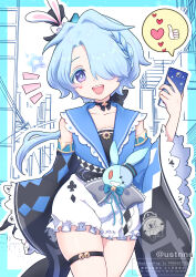  1boy artist_name bell bishounen blue_hair bow braid commentary_request detached_sleeves hat heart highres honkai:_star_rail honkai_(series) jewelry looking_at_viewer male_focus misha_(honkai:_star_rail) neck_ribbon necklace open_mouth phone ponytail ribbon shiny_skin short_hair shorts smile teeth thigh_strap tongue trap usata violet_eyes wide_sleeves 