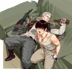  1boy 1girl alcohol anavel_gato assault_rifle boots bottle can couch dog_tags epaulettes fuyuanning genderswap genderswap_(mtf) grey_pants gun gundam gundam_0083 highres holding holding_bottle jacket looking_at_viewer m16 military_uniform pants pill reverse_trap rifle tank_top unconscious uneven_eyes weapon white_tank_top zeon 