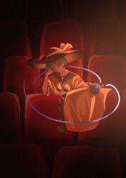 1girl arm_rest arm_support bow closed_eyes closed_mouth commentary_request facing_viewer green_hair hat hat_bow head_on_hand head_rest highres komeiji_koishi long_sleeves movie_theater narakunara1125 shirt short_hair solo touhou upper_body vignetting wide_sleeves yellow_shirt 