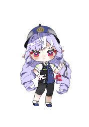  1girl ahoge alternate_costume black_pants blue_hat blush commentary_request cuffs drill_hair full_body gloves hand_on_own_hip handcuffs hat highres holding holding_handcuffs janbopurin long_hair looking_at_viewer mole mole_under_eye multicolored_hair pants pointy_ears police police_uniform policewoman pout purple_hair red_eyes shirt short_sleeves simple_background solo streaked_hair vivian_banshee white_background white_gloves white_shirt zenless_zone_zero 