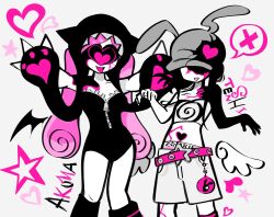  2girls alien_stage angel_and_devil angel_wings animal_ears belt black_hair black_leotard commentary demon_wings english_commentary grey_hat hat heart highres leotard lowleg lowleg_shorts mizi_(alien_stage) mizi_(zombie_stage) multiple_girls official_alternate_costume panties panty_peek paw_print pink_belt pink_hair rabbit_ear_headwear rabbit_ears romaji_text shorts single_wing star_(symbol) star_belt_buckle starv1ng4donuts strapless strapless_leotard sua_(alien_stage) sua_(zombie_stage) tongue tongue_out underwear wings zipper zipper_leotard zombie_stage 