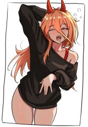 1girl :o ;o absurdres arm_behind_head arm_up black_sweater blonde_hair bra_strap chainsaw_man cross-shaped_pupils demon_girl demon_horns drooling hair_between_eyes hand_up highres horns long_hair long_hair_between_eyes long_sleeves messy_hair no_pants off-shoulder_sweater off_shoulder one_eye_closed open_mouth power_(chainsaw_man) red_horns ringed_eyes saliva sharp_teeth simple_background sleepy solo sweater symbol-shaped_pupils teeth thighs vextert1 waking_up white_background yawning 