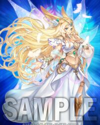 1girl animal_ears anonymous_(yu-gi-oh!) blonde_hair blue_background blue_eyes blue_gem breasts chain closed_mouth detached_sleeves dress feathers floating_hair frills gem gold_bracer green_hair headpiece highres jewelry knee_armor long_hair multiple_wings navel neck_ring official_art pink_lips sample_watermark short_sleeves solo thighlet transparent_wings ultimate_sky watermark white_dress wings yu-gi-oh! 