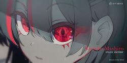  1girl character_name commentary_request copyright_name eye_reflection firehippo ghost_in_the_shell grey_hair highres korean_commentary multicolored_hair neneko_mashiro parody parted_lips portrait red_eyes red_streaks reflection solo stellive streaked_hair sweatdrop virtual_youtuber wet wet_hair 