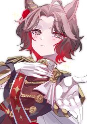  ahoge animal_ears blush brooch brown_hair cape closed_mouth commentary disney_o626 ear_flower ear_ornament epaulettes flower flower_brooch four-pointed_star frown gloves gradient_hair hand_on_own_chest highres horse_ears horse_girl jacket jewelry long_sleeves looking_at_viewer multicolored_hair offering_hand print_sash red_hair red_sash rose_kingdom_(racing)_(umamusume) rose_kingdom_(umamusume) sash short_hair simple_background two-tone_hair umamusume untranslatable_commentary upper_body vertical-striped_sleeves white_background white_cape white_gloves 