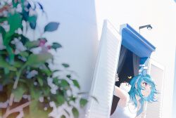  1girl ahoge blue_hair blurry blurry_foreground bug butterfly camisole closed_mouth commentary highres leaning_out_of_window long_hair nakashima_(pluscolor) open_window red_eyes shiranami_ramune shiranami_ramune_(4th_costume) shiratama_(shiranami_ramune) smile solo virtual_youtuber vspo! white_camisole window 
