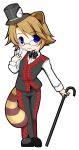  blue_eyes brown_hair cane card cards chibi glasses hat holding holding_card raccoon_(trickster) raccoon_ears raccoon_tail short_hair tail top_hat trickster wings 