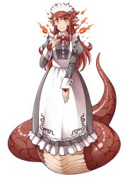  1girl apron bombom bow bowtie closed_mouth fire fire_maid_(housamo) lamia maid_apron maid_headdress monster_girl official_art orange_eyes pointy_ears red_bow red_bowtie red_hair smile solo third-party_source tokyo_afterschool_summoners transparent_background 