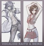  belt blue blue_hair brown_hair kaito male meiko monochrome multiple_monochrome norihe red short_hair sketch skirt smile vocaloid 