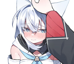  2girls animal_ears blue_eyes blush breasts closed_mouth commentary fox_ears fox_girl headpat hololive hood hoodie long_hair mean_0603 medium_breasts multiple_girls ookami_mio ookami_mio_(1st_costume) pov pov_hands shirakami_fubuki shirakami_fubuki_(1st_costume) simple_background solo_focus untranslatable_commentary white_background white_hair white_hoodie wolf_girl 