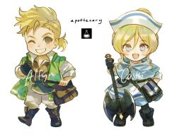  1boy 1girl :d alfyn_greengrass aubz axe bag battle_axe black_gloves blonde_hair blue_capelet blue_eyes boots brown_eyes capelet castti_florenz chibi commentary english_commentary english_text full_body gloves hat looking_at_viewer nurse nurse_cap octopath_traveler octopath_traveler_i octopath_traveler_ii one_eye_closed simple_background smile standing teeth trait_connection weapon white_background 