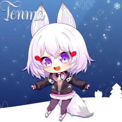  1girl :d animal_ears armor black_hoodie black_pantyhose black_shirt brown_sweater character_name chibi chibi_only collared_shirt commentary english_commentary fish fox_ears fox_girl fox_tail hair_between_eyes hair_ornament highres hood hood_basket hood_down hoodie long_sleeves necktie official_art open_mouth pantyhose partially_unzipped pauldrons phase_connect pine_tree pinstripe_pattern pinstripe_shirt shirt shoes short_hair shoulder_armor smile snow snowflakes sweater tail teeth tenma_maemi tenma_maemi_(1st_costume) theo_(tenma_maemi) third-party_source tree upper_teeth_only violet_eyes wafflegrab white_hair white_necktie white_shoes white_tail zipper 