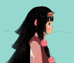  1girl aqua_background arrow_(symbol) bad_drawr_id bad_id black_hair blue_eyes blunt_bangs blush closed_mouth copyright_request dress from_side hairband hapisony long_hair pout profile red_dress simple_background solo translation_request upper_body 