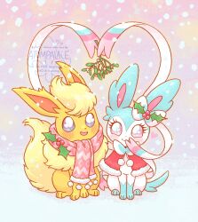  :3 alternate_color animal_focus atom_palace blue_fur blush bow bright_pupils capelet flareon fluffy full_body fur-trimmed_capelet fur_trim hair_ornament heart heart_in_eye highres holding holding_mistletoe holly_hair_ornament looking_at_another mistletoe neck_fur no_humans open_mouth orange_fur pink_background pink_eyes pink_scarf pokemon pokemon_(creature) pokemon_focus pom_pom_(clothes) red_capelet ribbon scarf shiny_pokemon simple_background sylveon symbol_in_eye two-tone_fur violet_eyes white_fur white_pupils yellow_fur 