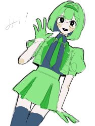  1girl animification black_shirt collared_shirt glasses green_hair green_jacket green_necktie highres humanization jacket lilypad_(toy_story) looking_at_viewer necktie oike_pocchan open_clothes open_jacket personification puffy_short_sleeves puffy_sleeves round_eyewear shirt short_sleeves simple_background solo toy_story toy_story_5 white_background 
