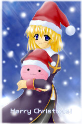  1girl 2000s_(style) :3 black_thighhighs blonde_hair blue_background blue_eyes blush christmas commentary_request cowboy_shot creature dress garter_straps hat holding holding_creature juliet_sleeves kasumi_nanase_(kasumi7se) long_sleeves looking_at_viewer merry_christmas pom_pom_(clothes) poring priest_(ragnarok_online) puffy_sleeves purple_dress ragnarok_online red_hat santa_hat short_hair side_slit slime_(creature) smile snowing solo thigh-highs 