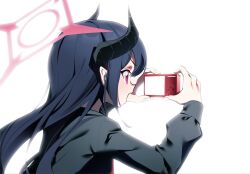  1girl black_hair black_horns blue_archive bright_background camera chiaki_(blue_archive) commentary_request curved_horns demon_horns digital_camera from_behind halo highres holding holding_camera horns long_hair long_sleeves looking_at_object oekaki_turtle open_mouth pointy_ears red_halo red_shirt shirt white_background 