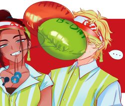  ... 1boy 1girl absurdres alien_stage balloon blonde_hair brown_hair collared_shirt commentary covered_face dark-skinned_female dark_skin english_commentary fluffym0r1t4s grey_eyes highres holding holding_balloon hyuna_(alien_stage) luka_(alien_stage) mouth_hold official_alternate_costume ponytail shirt smile spoken_ellipsis striped_clothes striped_vest two-tone_vest vertical-striped_clothes vertical-striped_vest vest visor_cap white_shirt white_vest yellow_eyes yellow_vest 