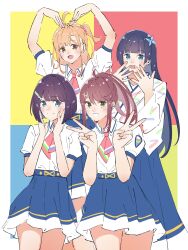  4girls :d absurdres ahoge azabu_mai blue_background blue_eyes blue_hair blue_skirt blunt_bangs bob_cut border brown_hair chaki!_(love_live!) colorful_background double_v fujiwaland goto_akira green_background green_eyes grin hair_ornament hair_scrunchie hand_to_own_mouth hands_on_own_cheeks hands_on_own_face heart_arms highres hime_cut ikizulive!_love_live!_bluebird komagata_hanabi long_hair looking_at_viewer love_high_school_uniform love_live! multiple_girls one_side_up open_hands open_mouth orange_hair pink_scrunchie ponytail purple_hair red_background school_uniform scrunchie short_hair skirt smile straight_hair takahashi_polka v white_border x_hair_ornament yellow_background 