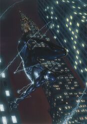 1boy animal_print black_bodysuit bodysuit building commentary davideparatore6 highres male_focus marvel multicolored_bodysuit print_bodysuit silk skyscraper solo spider-man spider-man_(original_black_suit) spider-man_(series) spider_print spider_web spider_web_print superhero_costume swinging_on_web symbiote tight_clothes two-tone_bodysuit untranslatable_commentary 