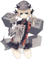  1girl blonde_hair blue_eyes breasts cowboy_shot gloves hat highres kantai_collection military military_uniform peaked_cap prinz_eugen_(kancolle) riuichi skirt small_breasts solo swastika twintails 