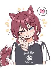  1girl absurdres afterimage animal_ears black_shirt blue_eyes blush blush_stickers clothes_writing cropped_arms cropped_torso dog_ears dog_girl dog_tail fang girls_band_cry grin hair_between_eyes half-closed_eyes hand_on_another's_cheek hand_on_another's_face head_tilt heart highres iseri_nina kemonomimi_mode looking_at_viewer low_twintails medium_hair ow1804 red_hair shirt short_hair short_sleeves short_twintails sidelocks simple_background skin_fang smile smirk smug solo solo_focus spoken_heart t-shirt tail tail_wagging twintails upper_body white_background white_shirt 