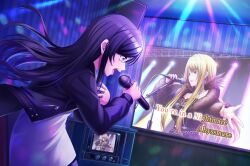  1girl aoyagi_tsubaki black_hair black_jacket black_nails blonde_hair brown_jacket collar d4dj fingernails fur-trimmed_jacket fur_trim game_asset green_eyes grey_eyes holding holding_microphone indoors jacket jewelry karaoke long_hair long_sleeves looking_at_viewer microphone nail_polish neo_(d4dj) official_art open_clothes open_jacket open_mouth pants ring shirt singing solo stage_lights subtitled television third-party_source upper_body watching_television white_shirt 