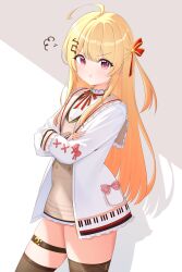  1girl absurdres ahoge blonde_hair brown_dress brown_eyes brown_sailor_collar brown_thighhighs buttons commentary crossed_arms double-breasted dress english_commentary frilled_jacket frills hair_ornament hair_ribbon hairclip highres hololive hololive_dev_is jacket long_hair long_sleeves looking_at_viewer musical_note musical_note_hair_ornament neck_ribbon one_side_up otonose_kanade otonose_kanade_(1st_costume) plaid_clothes plaid_dress pout red_ribbon ribbon sailor_collar shirt short_dress sidelocks solo thigh-highs thigh_strap v-shaped_eyebrows virtual_youtuber white_jacket white_shirt yoruhanamai 