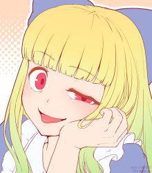  1girl apron black_alice_(mon-musu_quest!) blonde_hair blue_bow blunt_bangs bow commentary_request eyebrows_hidden_by_hair frilled_apron frills gradient_hair green_hair hair_bow half-closed_eye hand_on_own_cheek hand_on_own_face head_tilt highres light_blush long_hair looking_at_viewer looking_to_the_side mon-musu_quest! multicolored_hair orange_background partial_commentary polka_dot polka_dot_background red_eyes smile solo to_kage_p tongue tongue_out two-tone_background two-tone_hair white_background 