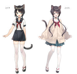  1girl 2018 2026 :d animal_ear_fluff animal_ears artist_progress black_hair black_sailor_collar black_sandals black_skirt blue_skirt brown_cardigan cardigan cat_ears cat_girl cat_tail commentary_request fang green_eyes hair_over_shoulder highres long_hair low_twintails midorikawa_you multiple_views neckerchief original pleated_skirt red_neckerchief sailor_collar sandals shirt simple_background skirt smile tail thigh-highs twintails very_long_hair white_background white_sailor_collar white_shirt white_thighhighs zouri 